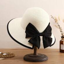 1pc Multicolor Wide Brim Sun Hat For Women, Perfect For Beach, Travel, Hiking Elegant Bow Valentine's Day - White - View 1