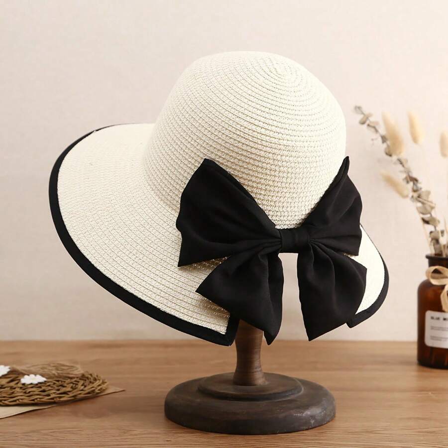 1pc Multicolor Wide Brim Sun Hat For Women, Perfect For Beach, Travel, Hiking Elegant Bow Valentine's Day - White - View 1
