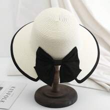 1pc Multicolor Wide Brim Sun Hat For Women, Perfect For Beach, Travel, Hiking Elegant Bow Valentine's Day - White - View 2