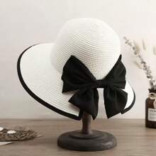 1pc Multicolor Wide Brim Sun Hat For Women, Perfect For Beach, Travel, Hiking Elegant Bow Valentine's Day - White - View 7