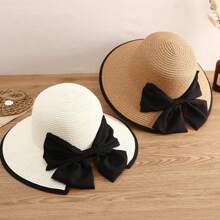 1pc Multicolor Wide Brim Sun Hat For Women, Perfect For Beach, Travel, Hiking Elegant Bow Valentine's Day - White - View 5