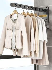 1pc Stainless Steel Foldable Balcony Clothes Drying Rack With Stretchable Pole, Wall-Mounted Design For Bathroom And Laundry Room Without Drilling - Grey - View 1