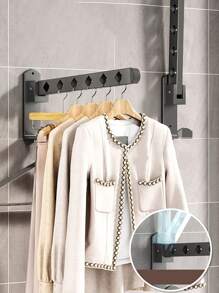 1pc Stainless Steel Foldable Balcony Clothes Drying Rack With Stretchable Pole, Wall-Mounted Design For Bathroom And Laundry Room Without Drilling - Grey - View 2