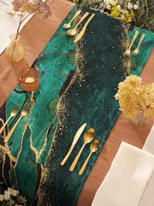 1 Stück Pfau grüner Marmor mit Goldfolie Collage-Muster Leinentischdecke, geeignet für Küchen- und Esszimmer-Tischdekoration, Schuh- und Aufbewahrungsschrankabdeckung, All-Season Universal Tischläufer