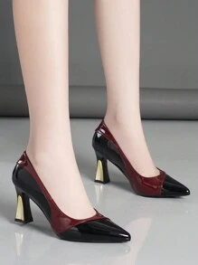 Women's Pointed Toe Chunky Heel Pumps New Colorblock Black White Silver Gold Fashion Shoes - Black - View 2