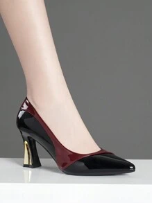 Women's Pointed Toe Chunky Heel Pumps New Colorblock Black White Silver Gold Fashion Shoes - Black - View 4