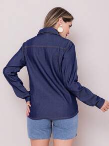 Women Denim Tops - 深色水洗藍 - 查看 3