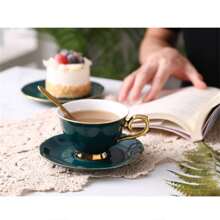 1set 230ml Ceramic Coffee Cups And Saucers Creative Afternoon Tea Flower Tea Set Cups Nordic Simple Household Teacups Gifts Mug - Green - View 5