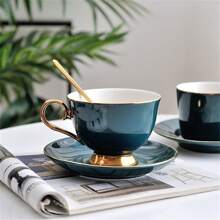 1set 230ml Ceramic Coffee Cups And Saucers Creative Afternoon Tea Flower Tea Set Cups Nordic Simple Household Teacups Gifts Mug - Green - View 3
