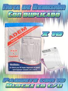 10 Block Nota De Remision Autocopiante 1/4 De Carta con Copia