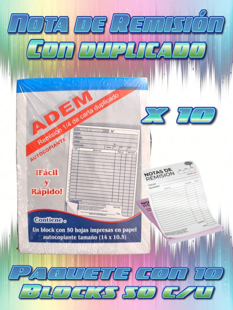 10 Block Nota De Remision Autocopiante 1/4 De Carta con Copia