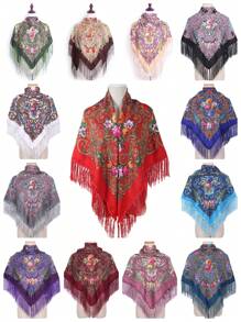 Women's Oversized Printed Traditional Scarf, Multicolor Rose Blossom With Tassels For Various Use Boho - Multicolor - View 2