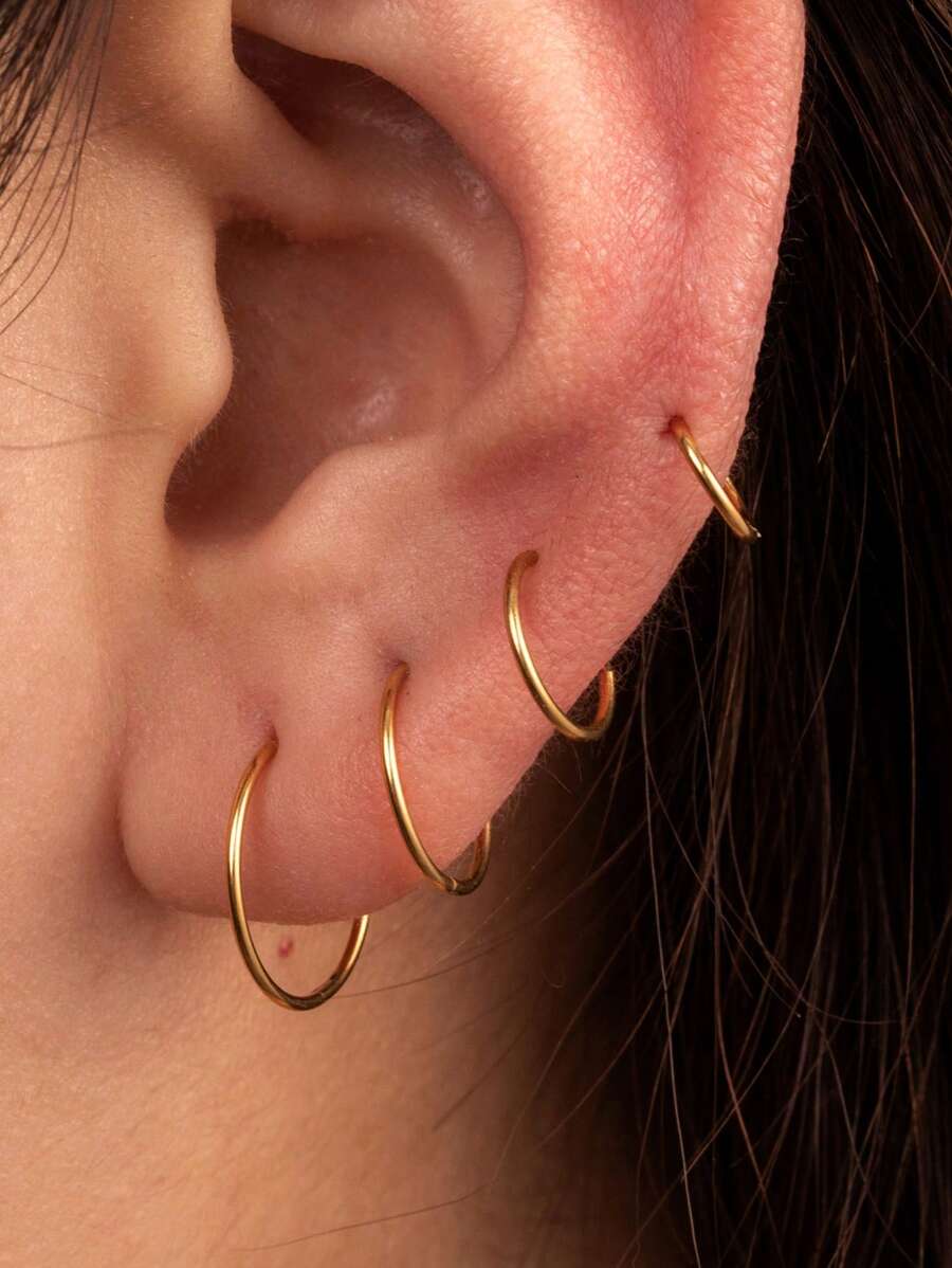 1只簡約時尚不銹鋼環形耳環,無縫式閉合,金色 - 金黃色 - 查看 1