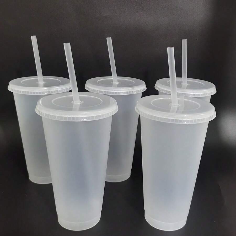 5入組可重複使用的塑膠杯,帶吸管和蓋子 - 24oz耐用水杯,冰咖啡杯,水瓶,旅行杯,夏季派對批量冷杯,適合成年人的生日和新年派對 - 透明 - 查看 1
