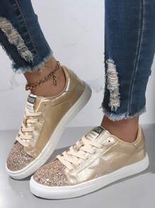 Neue sternförmige runde Band Schnürer Flache Schuhe, Retro glänzende glitzernde silberne Lässig Sneaker für Damen