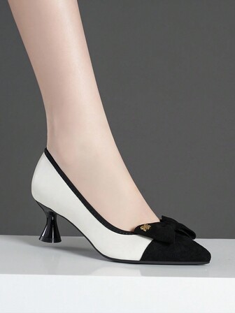 女士高跟鞋蝴蝶结尖头细高跟鞋白色银色黑色新款时尚女士低跟皮鞋