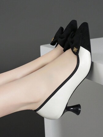 女士高跟鞋蝴蝶结尖头细高跟鞋白色银色黑色新款时尚女士低跟皮鞋