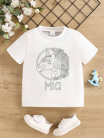 年轻女孩夏季独角兽碎花图案休闲 T 恤