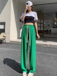 1 Piece Pans Pants Oversize Elephant Leg High Waist Elastic Woman - Green - View 1