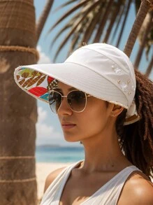 1 pezzo Nuovo cappello da secchio alla moda per donne, da viaggio e all aperto, con protezione solare, a tesa larga e pieghevole, con foro per la coda di cavallo, decorato con perle finte e motivo a foglie, adatto per uso casual quotidiano