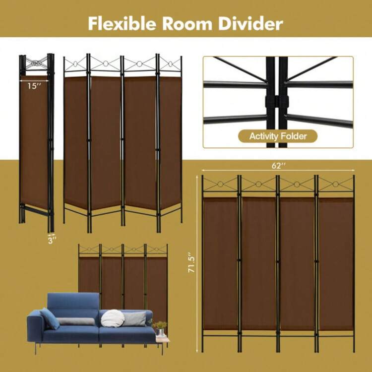 6 Feet 4-Panel Folding Freestanding Room Divider - màu nâu - Xem 4