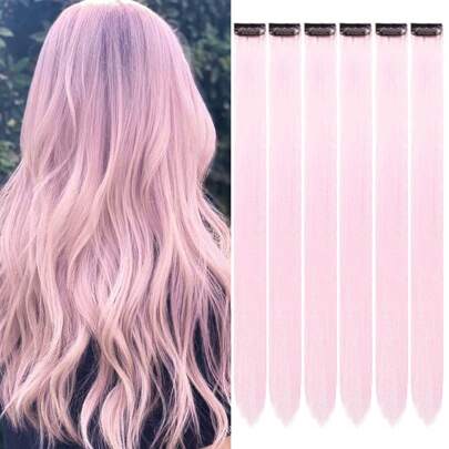 6 PCS Colored Clip In Hair Extensions Party Highlights 20 Inch Pale Pink Long Straight Hairpieces Clip In Synthetic, Halloween Cosplay Dress Up Fashion Party Christmas New Year Gift For Women(Pale Pink)