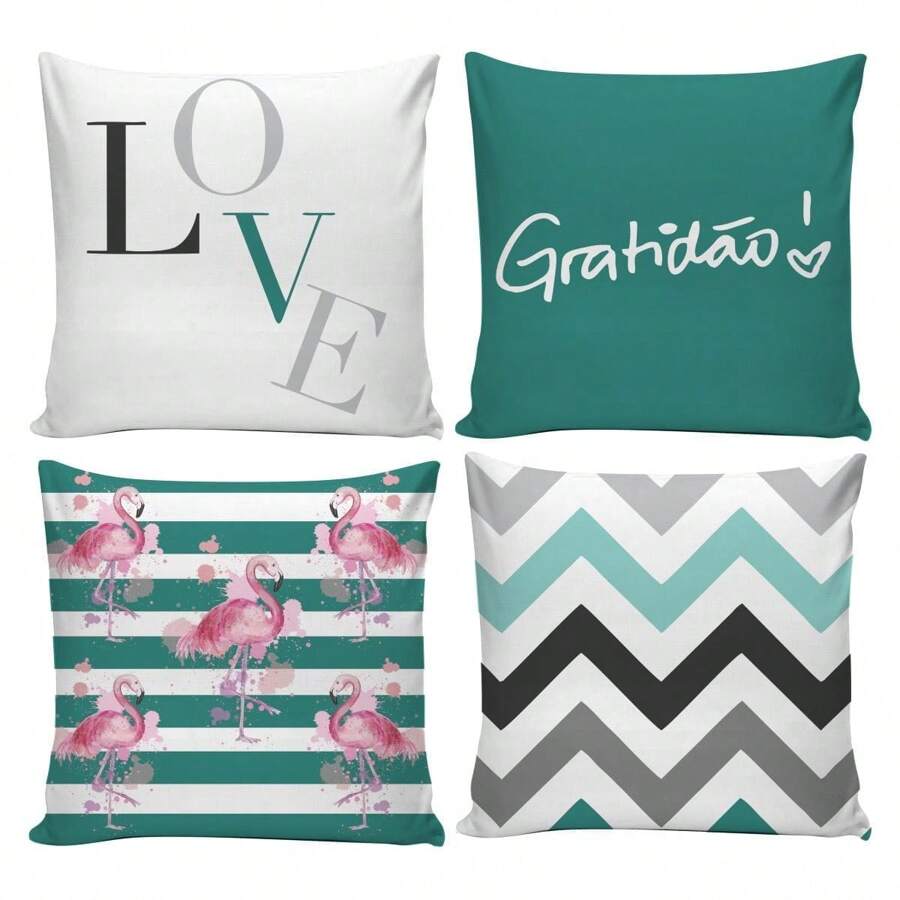 Kit 4 Capa para Almofada Personalizada pra Quarto Sala Decorativas com Zíper 0.45x0.45cm Diversas Estampas - Verde - Visão 1