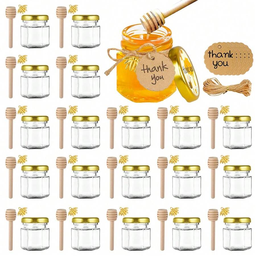 10pcs Mini Honey Jars-1.5oz/45ml, Wedding Gifts For Guests Hexagon Honey Jars With Gold Cover, Wooden Dippers, Thanks Tags, For Baby Shower Bridal Shower Gift Packaging - 10pcs - View 1