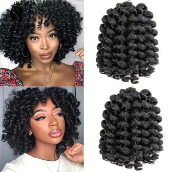 1Pack 8 Inches Jamaican Bounce Crochet Hair 10 Strands Jumpy Wand Curl Crochet Hair 1 Pack Curly Crochet Hair For Women (8 Inch/12 Inch 1 Pack, 1B)