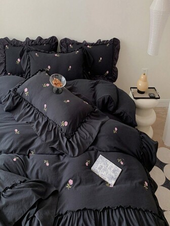 Conjunto De Cama Elegante Bordado Con Rosa Y Borde Rizado, Con Funda Nórdica Y Funda De Almohada, 3 Piezas