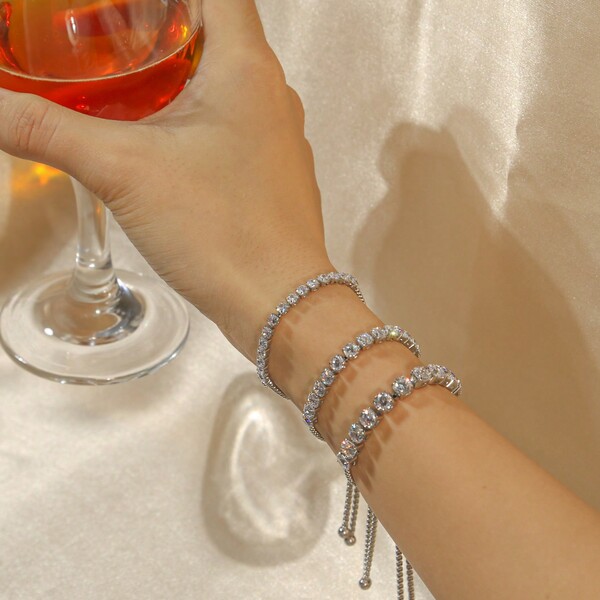 1pc Stainless Steel Adjustable Size Tennis CZ Chain Bracelets For Women And Men