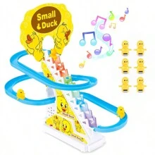 1pc Cute Duck Climbing Stairs Electric Track Toy, Duck Sliding Down With Light & Sound Effects, Gift - Yellow - View 7