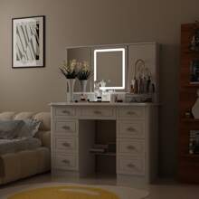 Modern Makeup Vanity Desk With Lighted Mirror, Vanity Table Dressing Table With 9 Drawers, Hidden Shelves & Foldable Mirror, 3 Color Lighting Modes, Brightness Adjustable