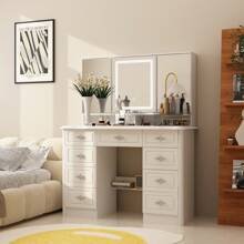Modern Makeup Vanity Desk With Lighted Mirror, Vanity Table Dressing Table With 9 Drawers, Hidden Shelves & Foldable Mirror, 3 Color Lighting Modes, Brightness Adjustable
