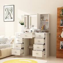 Modern Makeup Vanity Desk With Lighted Mirror, Vanity Table Dressing Table With 9 Drawers, Hidden Shelves & Foldable Mirror, 3 Color Lighting Modes, Brightness Adjustable