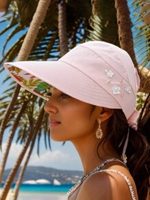 1 pezzo Nuovo cappello da secchio alla moda per donne, da viaggio e all aperto, con protezione solare, a tesa larga e pieghevole, con foro per la coda di cavallo, decorato con perle finte e motivo a foglie, adatto per uso casual quotidiano
