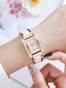 1只歐派女士優雅休閒矩形手錶,金邊,白色陶瓷錶帶,鑲嵌鉆石錶盤,適合日常聚會 - 玫瑰金 - 查看 3