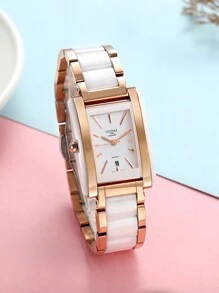 1只歐派女士優雅休閒矩形手錶,金邊,白色陶瓷錶帶,鑲嵌鉆石錶盤,適合日常聚會 - 玫瑰金 - 查看 4