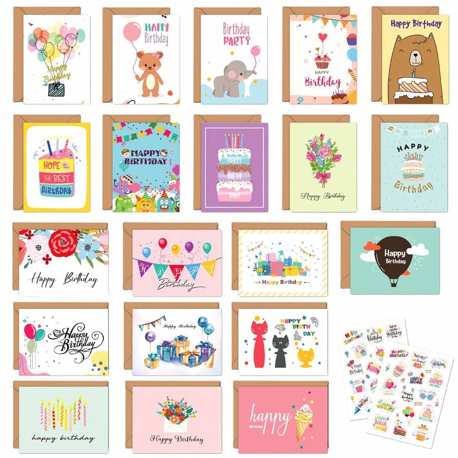 20 Piezas Tarjetas De Cumpleaños Con 20 Sobres Y 2 Hojas De Pegatinas, Tarjetas De Feliz Cumpleaños En Volumen Con Paquete Variado De Tarjetas De Saludo - Multicolor - Ver 1