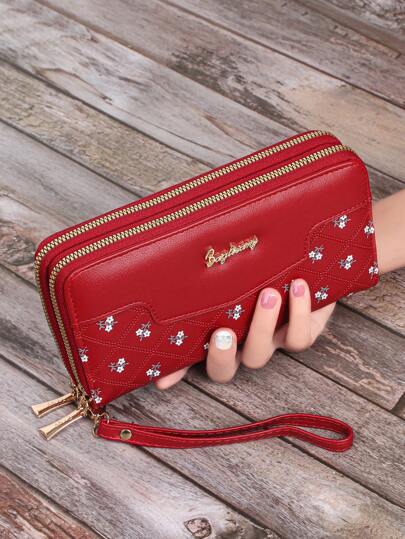 Dark Red Women's Embroidered Wallet With Zipper Multi Card Holders Phone Pocket Patchwork Clutch For Ladies For Women Wallet Purse Wallet Long Wallet Wristlet Wallet
