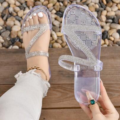 女士平底拖鞋，带水钻装饰，时尚银色软底拖鞋，适合室内和室外使用