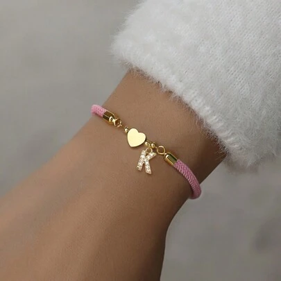1pc A-Z Initial Letter Heart Adjustable Rope Bracelet Women