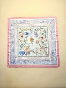 1PC Ladies Wonderland Print Square Scarf Elegant Pink Neckerchief Bandana Women Satin Head Scarf Hair Accessories - Pink - View 6