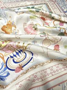 1PC Ladies Wonderland Print Square Scarf Elegant Pink Neckerchief Bandana Women Satin Head Scarf Hair Accessories - Pink - View 4