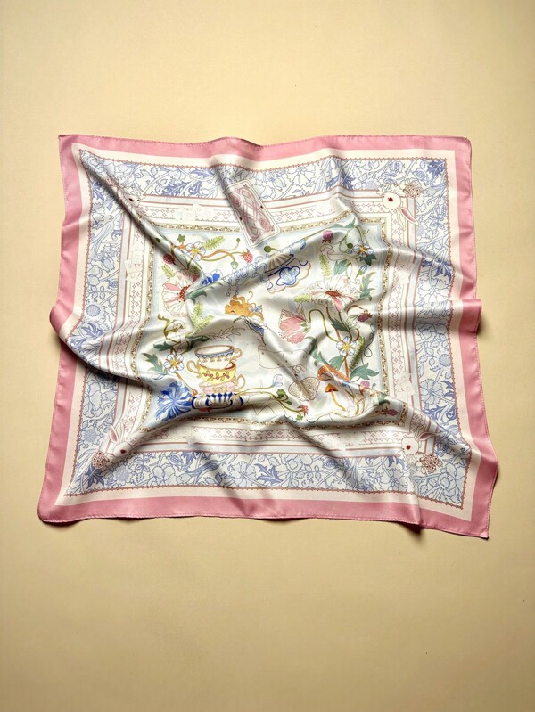 1PC Ladies Wonderland Print Square Scarf Elegant Pink Neckerchief Bandana Women Satin Head Scarf Hair Accessories
