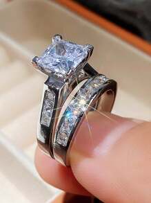 2pcs/Set Fashion Cubic Zirconia Ring For Women For Valentine's Day Gift Wedding Anniversary Party Jewelry Valentines