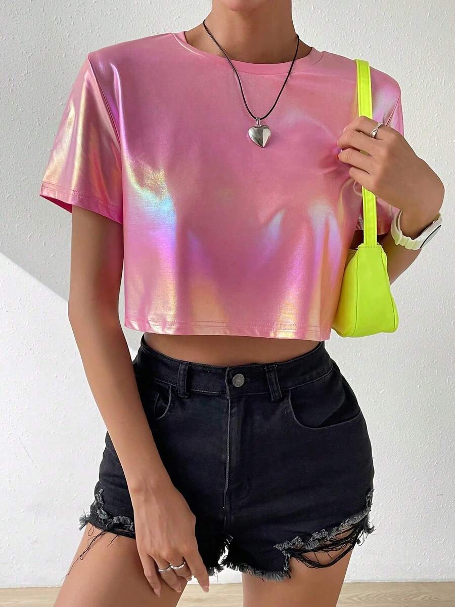Coolane Holographic Round Neck Crop T-Shirt