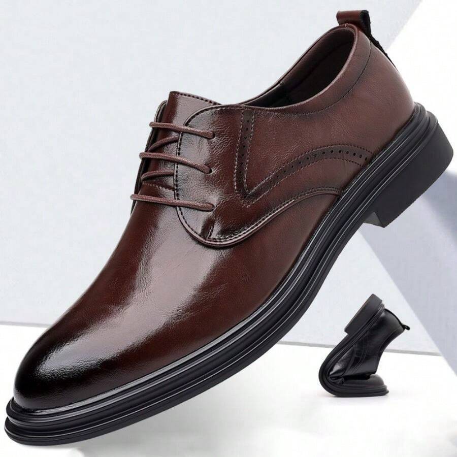 男士低帮商务正装皮鞋，软底软鞋面，防滑厚底运动鞋，适合婚礼或工作 - 棕色 - 查看 1