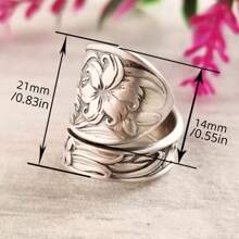 1 pieza Anillo de cuchara vintage con tallado de flor retro en la superficie, adecuado para hombre a juego con atuendos diarios, accesorio para fiestas, San Valentín - Plateado - Ver 3