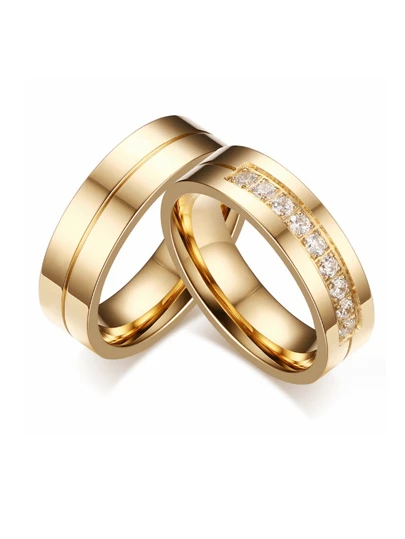 2pcs Matching Couple Rings Set - 18K Gold Plated Cubic Zirconia Engagement/Wedding Rings, Titanium Steel Fashion Rings, Elegant Luxury Gifts For Valentine's Day, Birthday, Friendship